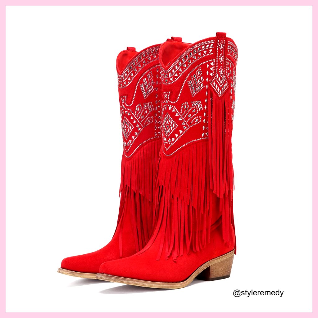 Knee High Cowboy Boots With Rhinestone Fringe Chunky Heel Pointed Toe